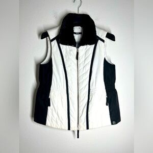 BIBA Women’s White Black Full Zip Quilted Vest Faux Fur Collar Size 16 UK/ 12 US